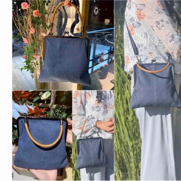 Denim Crossbody Tote Bags, Mini Blue Denim Totebag Kiss Lock Purse new - Picture 2 of 6